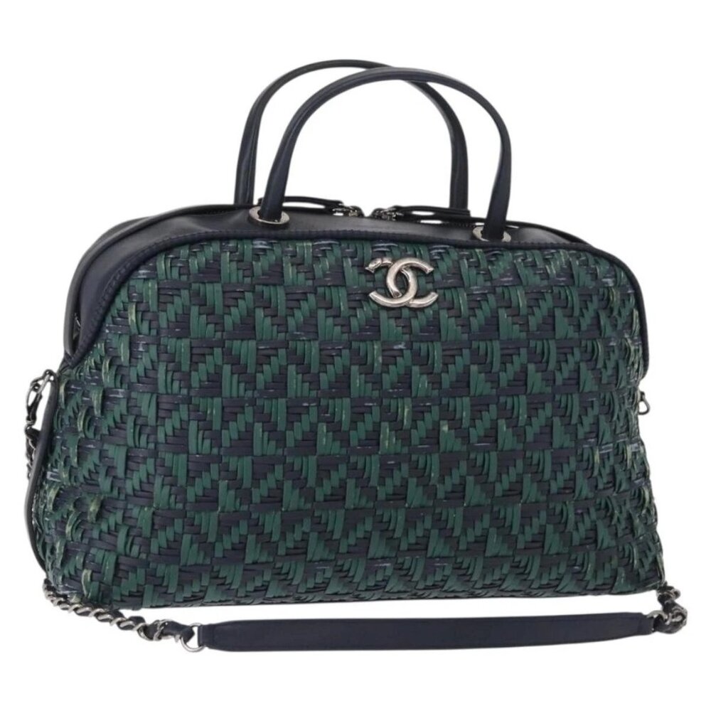 CHANEL Hand Bag Leather 2way Green CC Auth BA8704